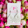 White filigree drop timber earrings