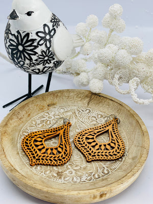 Fancy large tan timber earrings