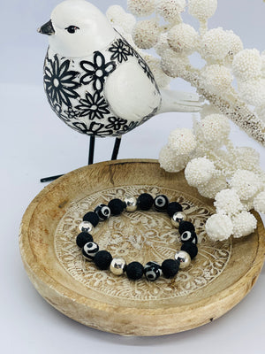 Black lava beads with black & white Tibetan agate gemstones