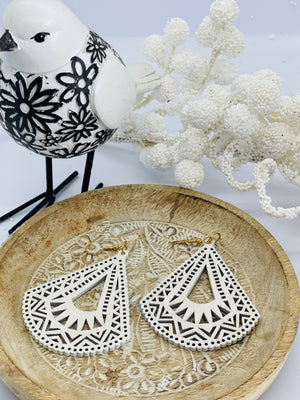 White chandelier timber earrings