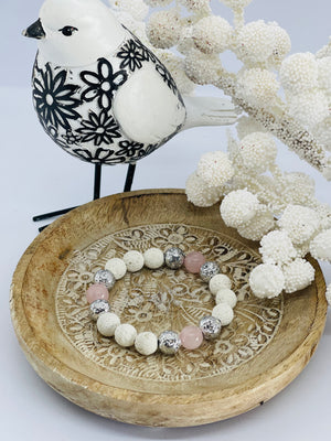 White lava beads with rose quartz gemstones