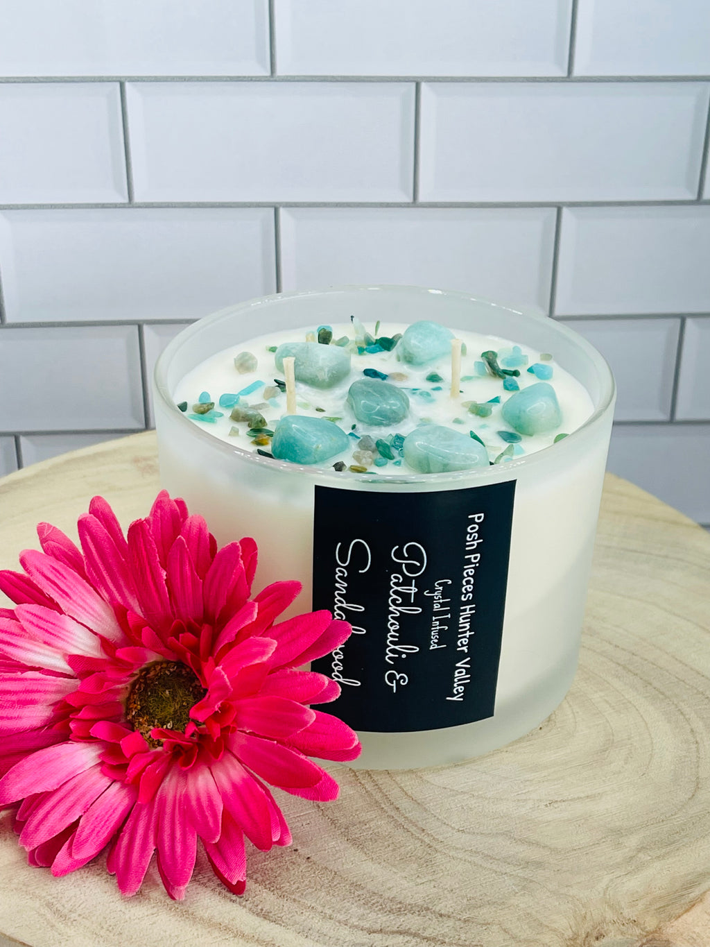 Patchouli & Sandalwood candle infused with Amazonite crystals